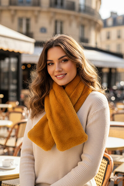 Kapin Hardal Suni Kürk Peluş Kaşkol Boyunluk Atkı