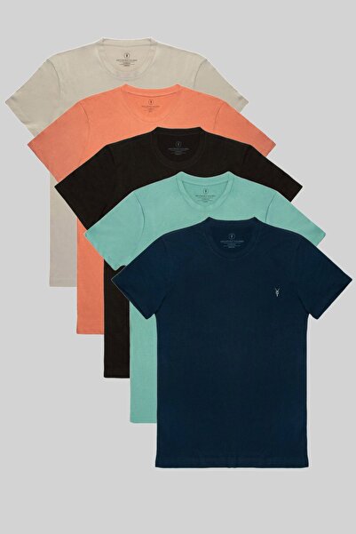 COMBİNE MİCHAİL Ανδρικό σετ μπλουζάκι 5'li - Λαιμόκοψη, κανονική εφαρμογή, Navy-Cagla-Μαύρο-Πορτοκαλί-Γκρι