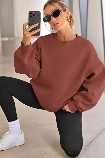 COMBINE Kadın Bisiklet Yaka Basic Oversize Sweatshirt GÜL KURUSU