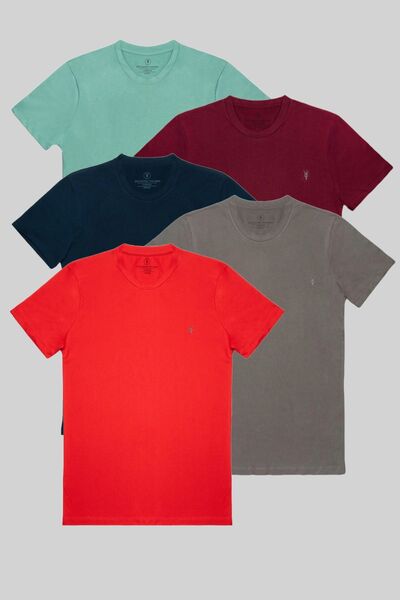 COMBİNE MİCHAİL Ανδρικό μπλουζάκι με λεπτή εφαρμογή με λαιμόκοψη - Cagla, Claret Red, Navy Blue, Fume, Red Σετ 5 τεμαχίων