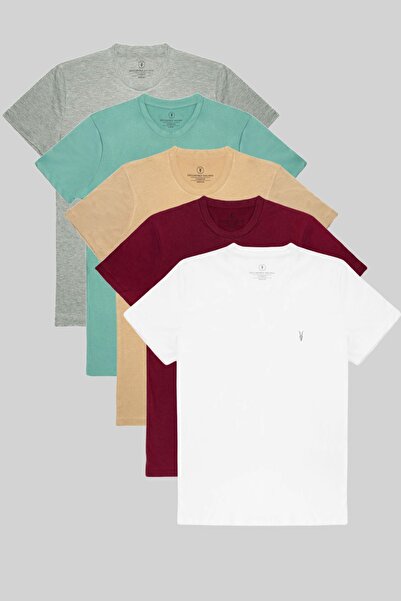 COMBİNE MİCHAİL Ανδρικό σετ μπλουζάκι με λαιμόκοψη 5 τεμαχίων - Λευκό, Claret Red, Beige, Cagla, Grimelange