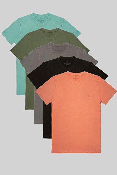 COMBİNE MİCHAİL Ανδρικό μπλουζάκι 5 τεμαχίων Relaxed Fit 100% Cotton Crew Neck - Πορτοκαλί, Μαύρο, Fume, Χακί, Cagla