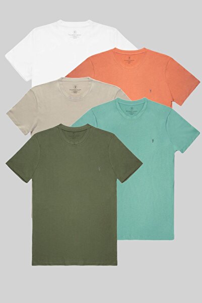 COMBİNE MİCHAİL Ανδρικό μπλουζάκι Slim Fit Crew Neck 5 Pack - Λευκό, Πορτοκαλί, Γκρι, Cagla, Χακί