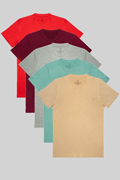 COMBİNE MİCHAİL Ανδρικό σετ μπλουζάκι με κανονική εφαρμογή Crew Neck 5 τεμαχίων - Μπεζ, Cagla, Grimelange, Claret Red