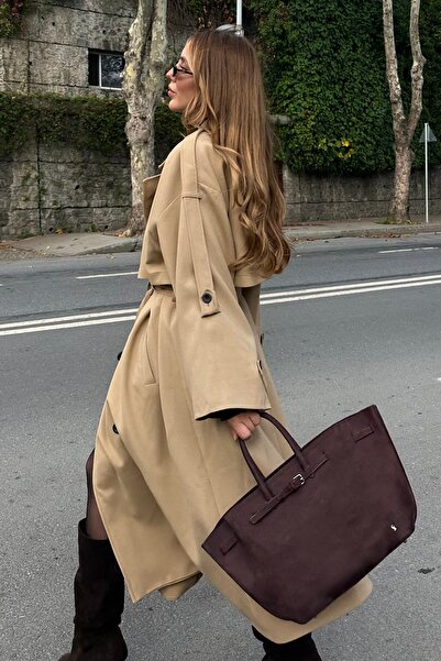Laluvia Caramel Lucky Button Detailed Oversized Trench Coat