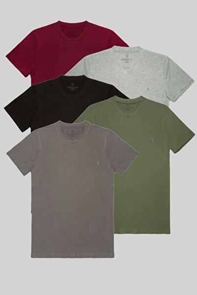 COMBİNE MİCHAİL Ανδρικό μπλουζάκι με λεπτή εφαρμογή με λαιμόκοψη - Σετ 5 μπορντό, γκρι, μαύρο, χακί, καπνός