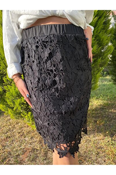 BY HANDE TASARIM Kadın büyük beden siyah güpür kalem etek