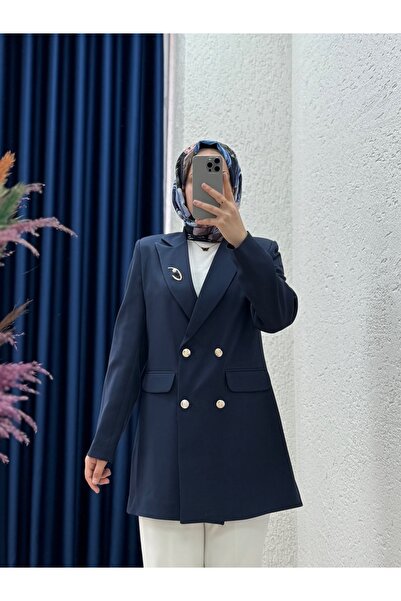 MİHRA STORE Merve Collar Bronchus Μεταλλικό Μπουφάν με Κουμπιά-UN2028 Navy Blue