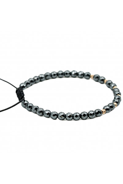 MANAVA Βραχιόλι με 6 χρυσές μπάλες 14 καρατίων και πολύπλευρο γκρι αιματίτη