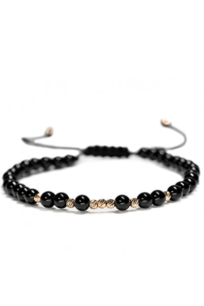 MANAVA Brățară cu 9 bile de Aur 14k și sfere semiprețioase din onix, reglabilă