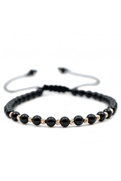 MANAVA Brățară din aur 14k cu 10 bile și pietre semiprețioase din onix negru, reglabilă