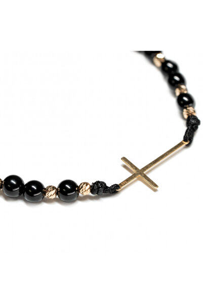 MANAVA Βραχιόλι με 10 χρυσές μπάλες 14 καρατίων, χρυσό σταυρό 14 καρατίων και μαύρο όνυχα