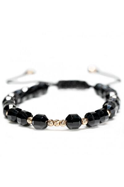 MANAVA Brățară din aur 14k cu 9 bile și pietre semiprețioase de onix, reglabilă