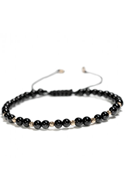 MANAVA Brățară cu 10 bile de Aur 14k și pietre semiprețioase din onix negru, reglabilă