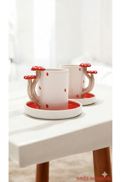 seda seramik Handmade Dila Design Mushroom Handle 4-Piece Ceramic Coffee Cup Set for 2 People 100 Ml.