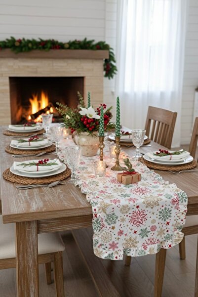 vintagetasarım Concept de Crăciun cu volane, bej cu fulgi de zăpadă, 40x130cm