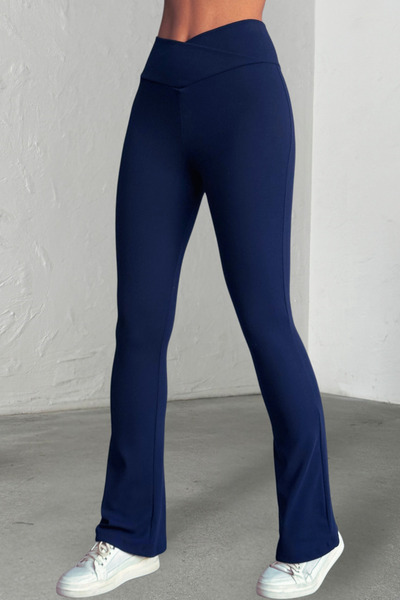 OPENDO Pantaloni din bumbac material elastic cu detaliu curea încrucișată evazat Flare Leggings