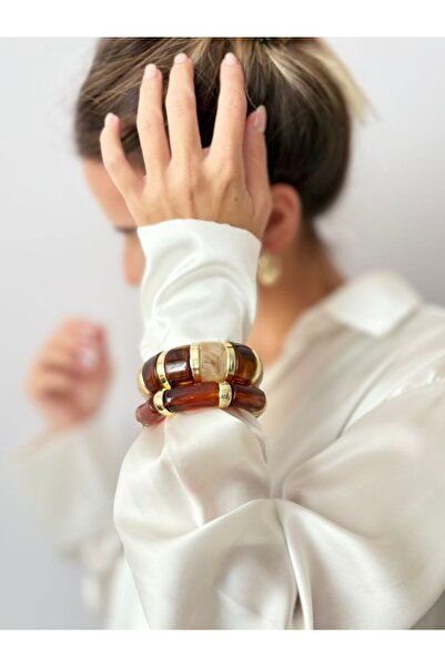 LYRA OFFİCİAL Kahve Tonlarında Gold Detaylı Reçine Esnek Bileklik