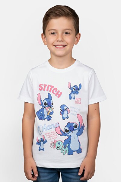 Disney تي شيرت مطبوع عليه رسومات ليلو وستيتش للأطفال، أبيض