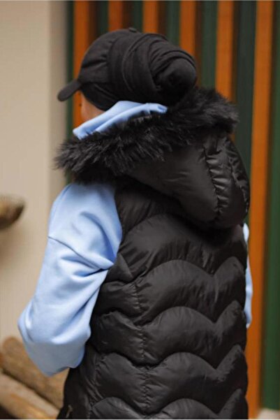 TRENDTESETTÜR Women's Black K Hooded Fur Inflatable Vest 7429