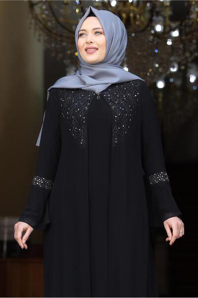 TRENDTESETTÜR KADIN SİYAH İSPANYOL KOL TAŞ DETAYLI ABİYE ELBİSE T 8333