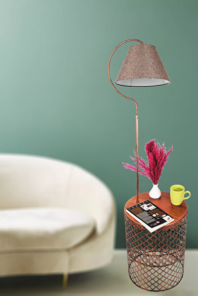 VENON Sehpalı Lambader Rose Elips Siyah Bakır Patine ⭐Gülkurusu Kumaş Şapka ⭐ Metal Gövde Salon Köşe