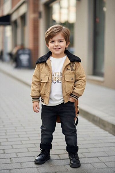 Minigimin Cicileri My Little One's Cicileri Embossed Letter Print Coated Boys' 3-Piece Set - Camel