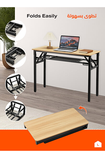 Lawazim Folding Table Double Layer 100x50cm - Desk with Shelf Wooden Top and Iron Frame
