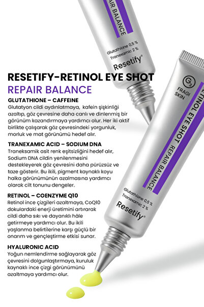 RESETIFY Retinol Eye Shot Göz Kremi 20 ML (Retinol %0,1 Tranexamic %2 Glutathione %05)