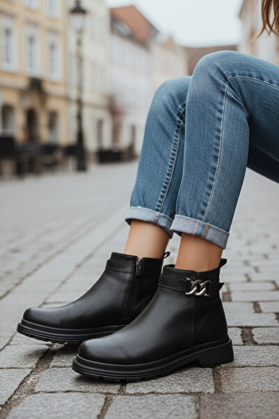 Y&D Shoes 2025 New Season Women's Black Buckle Stone Zipper Flat Heel Casual Boots