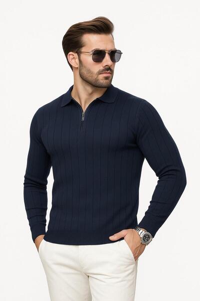 ribana Pulover pentru bărbați, slim fit, cu gât polo, cu fermoar, din tricota...