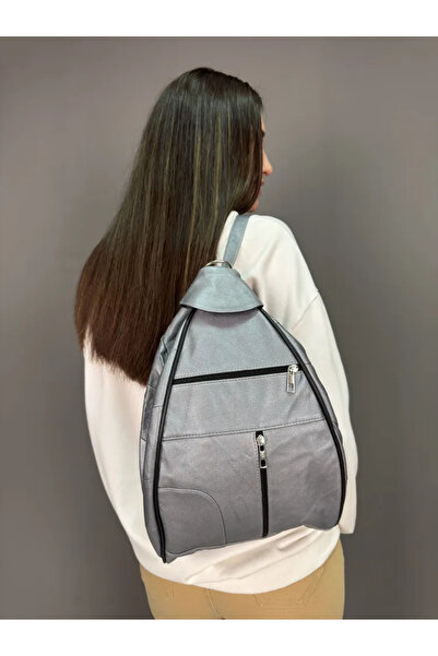 Deribag Genuine Leather, Women's Backpack, Gray Color, 25*36*16 cm