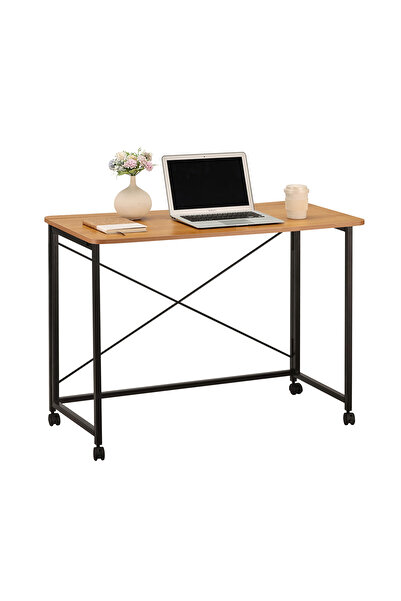 Lawazim Folding Table 100x50x75cm - Computer Desk with Wheels Wooden Top and Iron Legs
