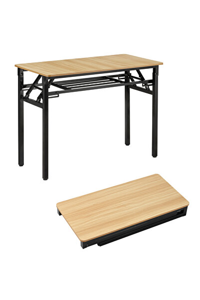 Lawazim Folding Table Double Layer 100x50cm - Desk with Shelf Wooden Top and Iron Frame