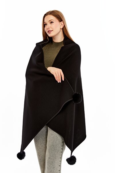 panşalço Kürk Ponponlu Çelik Örgü Triko Omuz Şalı, Siyah