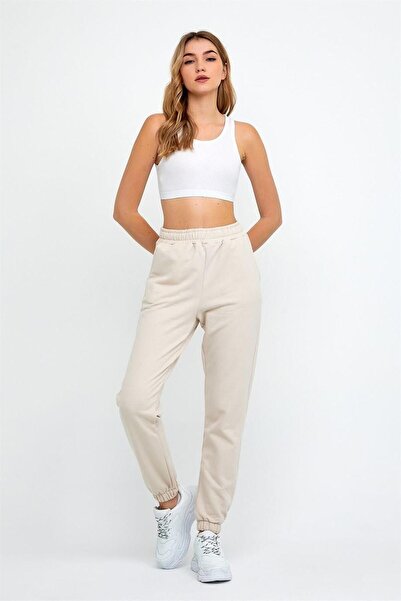 ESPİNA Γυναικεία φούτερ Jogger Beige πλεκτά με τρεις κλωστές με ελαστική μέση και πόδι