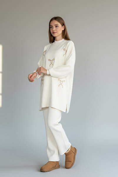 NEWCO Chic Ribbon Stone Embroidered Women's Double Knitwear Suit Loose Fit Long Sleeves and Comfortable Pants