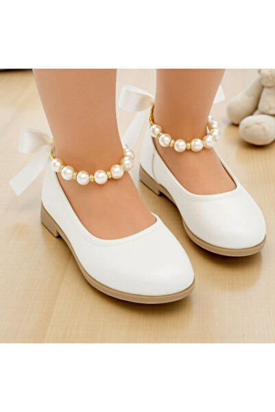 PATİK BEBE Babet ortopedice elegante pentru fete, culoare albă, cu perle la gleznă