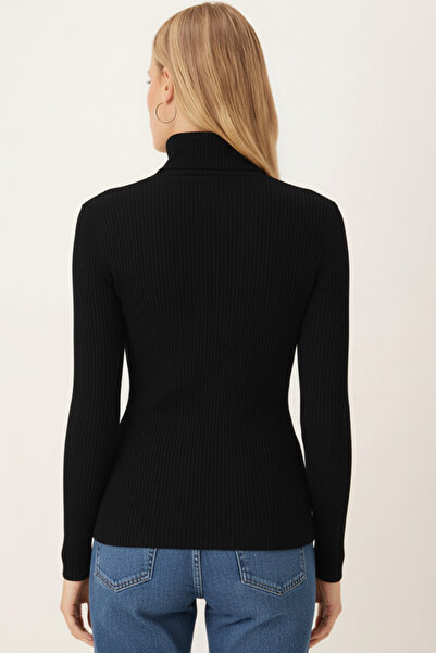 armonika Women's Black Turtleneck Sleeve Stripe Soft Textured Blouse Arm-26K001043
