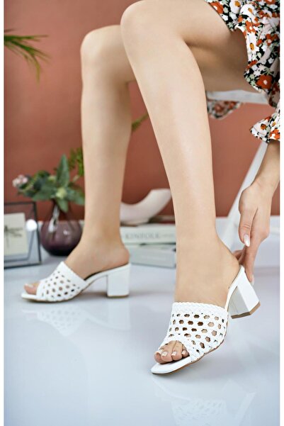 Belisse Γυναικείες παντόφλες με τακούνι Nesil Shoes Özma 910 Λευκές Πλεκτές στο χέρι