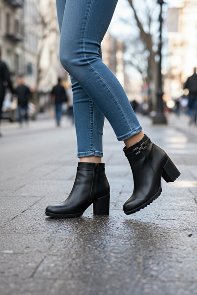 Y&D Shoes 2025 New Season Women's Black Heeled Zippered Buckle Winter Boots