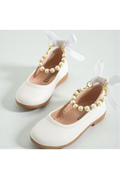 PATİK BEBE Babet ortopedice elegante pentru fete, culoare albă, cu perle la gleznă