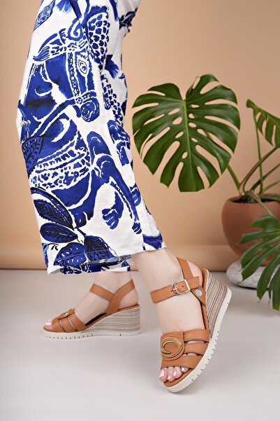 Mammamia D25Ys 2775 Tan Genuine Leather Wedge Women's Sandals