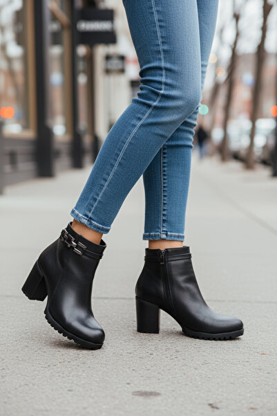 Y&D Shoes 2025 New Season Women's Black Heeled Zippered Buckle Winter Boots