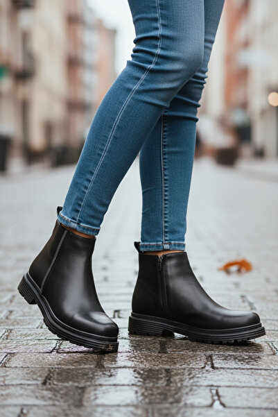 Y&D Shoes 2025 New Season Women's Black Buckle Stone Zipper Flat Heel Casual Boots