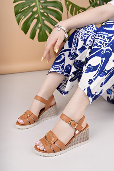 Mammamia D25Ys 2775 Tan Genuine Leather Wedge Women's Sandals