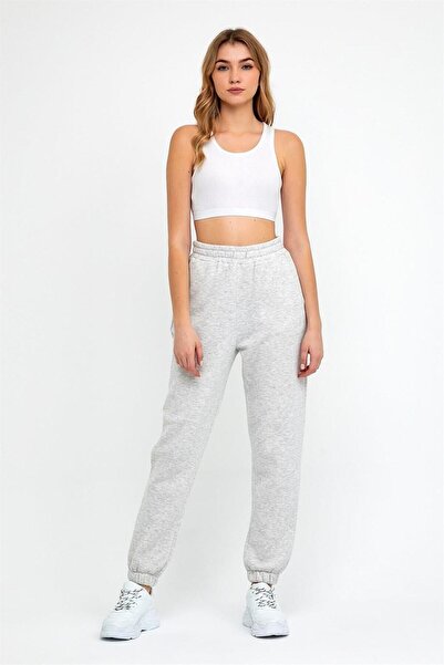 ESPİNA Women's Three Thread Knitted Sweatpants with Elastic Waist and Legs Jogger Gray