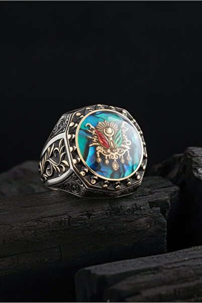 Takıdepo Okyanus Sedefi Üzerine Devlet Arması Gravür Sarmaşık Model Gümüş Yüzük