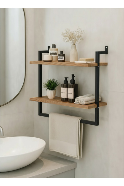 Euromob 60x20 cm Banyo Rafı Duvara Monte Havluluk 2 Katlı Dekoratif Düzenleyi...