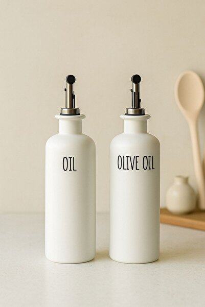 morponi 2'li Beyaz Gümüş Başlıklı Cam Yağdanlık Seti | Oil-Olive Oil-Vinegar-Sauce 500 Ml